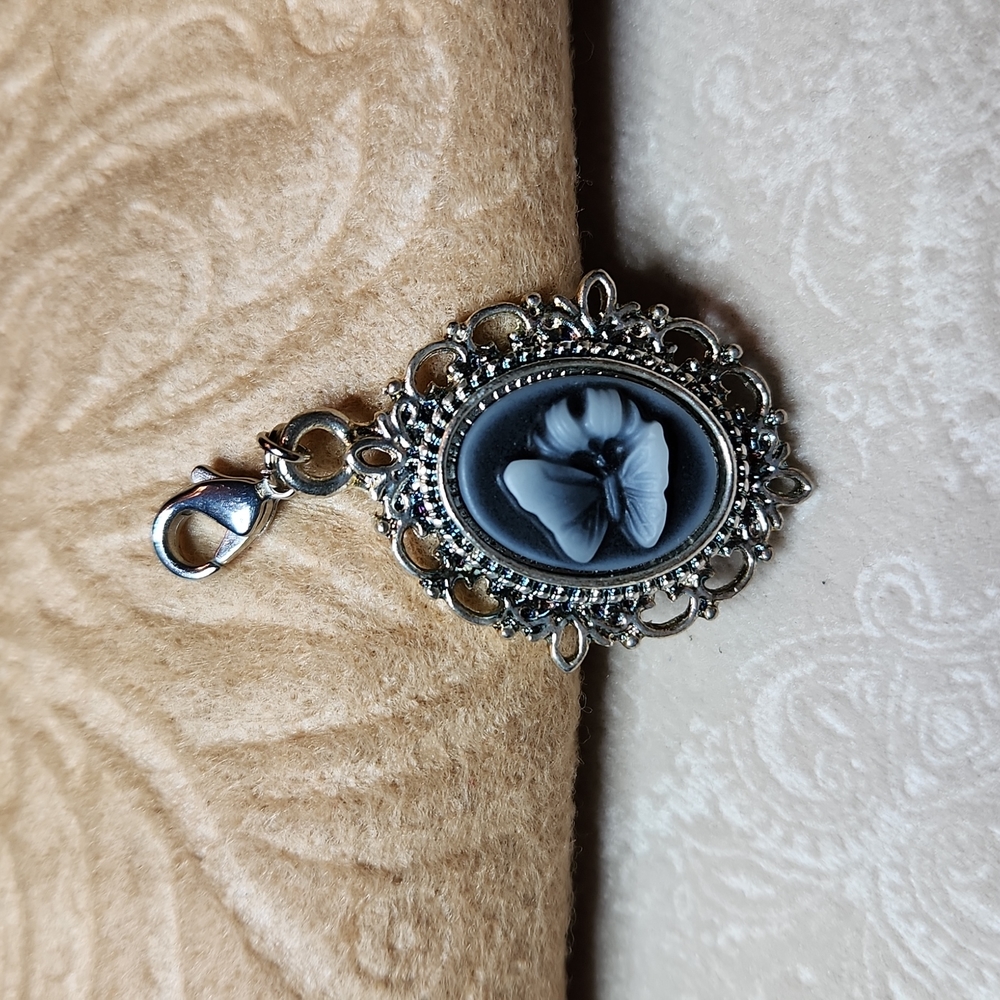 HANDMADE! Butterfly cameo pendant charm zipper pull black white silver tone NWT!